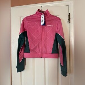 Adidas Women's Pink and Dark Green Bomber Jacket